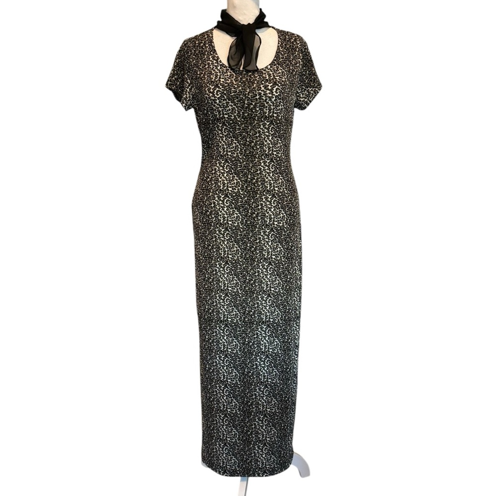 Divine Maxi Dress Size M Black Gray Leopard Print Short Sleeve Tie Neck Detail